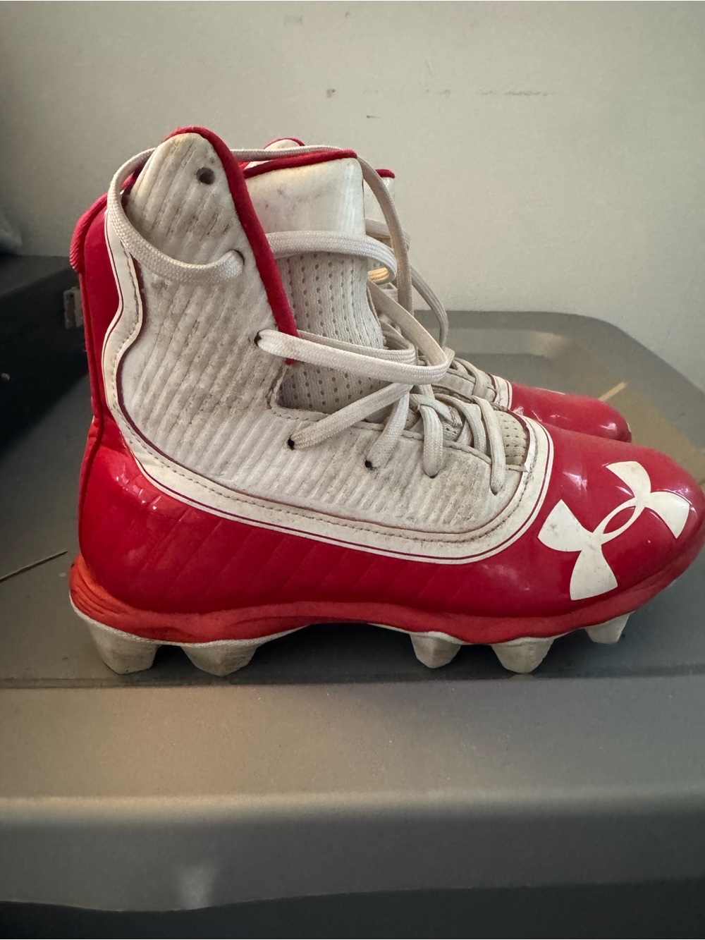 Under Armour Kids Red and White Cleats - High Top Soccer/Football Shoes